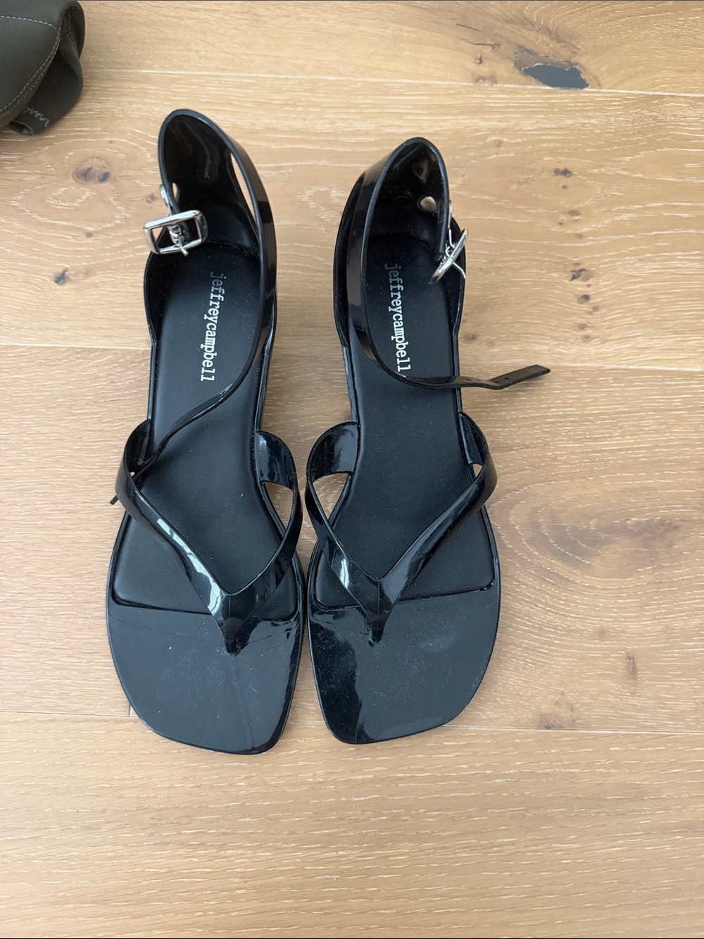 Jeffrey Campbell Black Patent Thong Sandals with Ankle Buckle